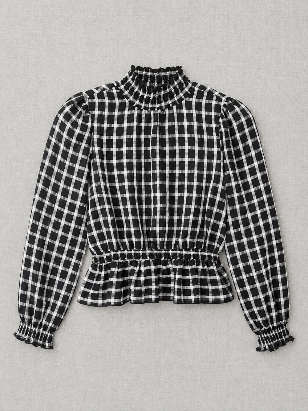 Buffalo David Bitton Black & White Plaid Smocked High-Neck Blouse Semi Mesh